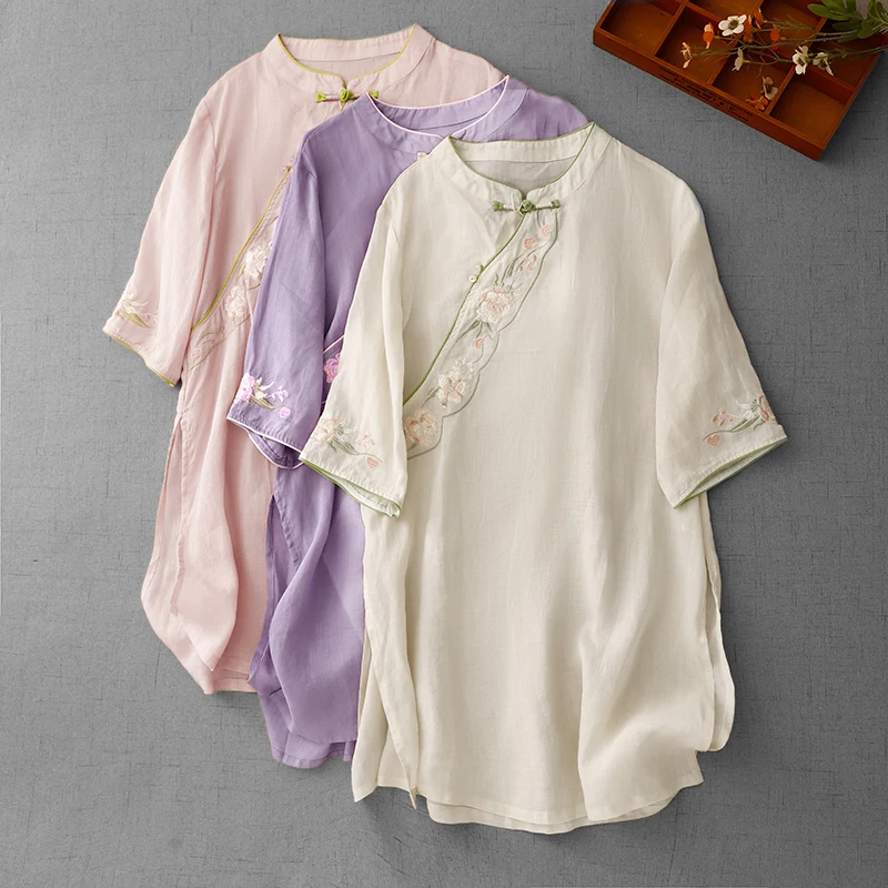 

Новый летний повседневный топ средней длины из смеси хлопка и льна с вышивкой Mommy Sle irt и воротником-стойкой в пять четвертей для женщин