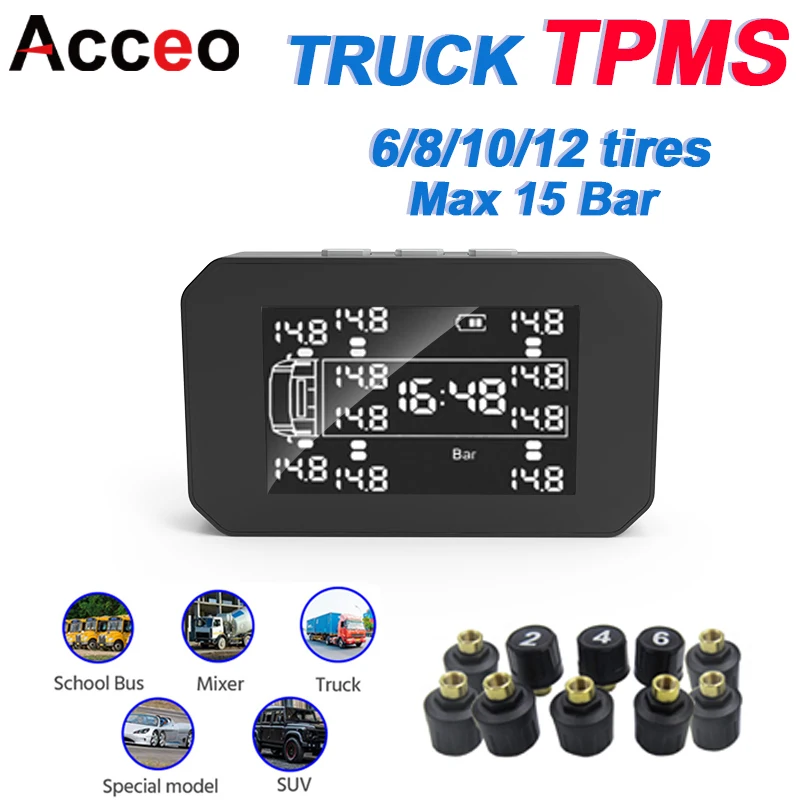 ACCEO Truck TPMS 6/8/10/12 External Sensor Tire Pressure Monitoring System Car Electronic Devices Smart Alarm Systems Sensors