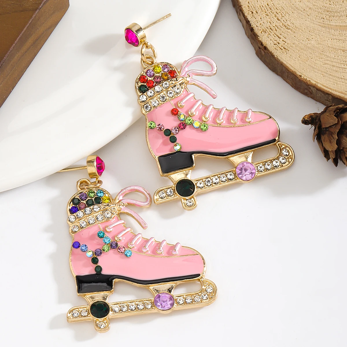 Dvacaman Pink Enamel Roller Skates Earrings with Bow Rhinestones,Christmas Festival Holiday Party Women Accessories