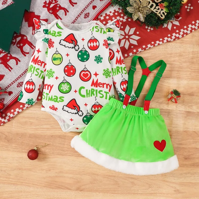 Newborn Infant Baby Girl Christmas Outfit White Ruffle Top Green Suspender Skirt With Fur Trim Costume 0 24M