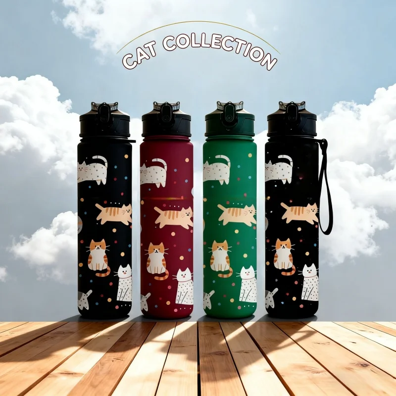 3D Printed Cute Cartoon Cat Pattern Water Bottle – Colorful, Innovative, Leak-Proof, Matte Finish Body, Fade-Resistant, 750ml