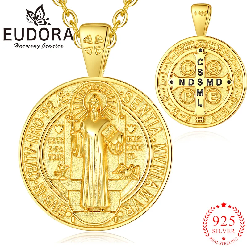 Eudora New 925 Sterling Silver Saint Benedict 18K Gold Cross Amulet Pendant Religious Jewelry Exquisite Gift for Men Women