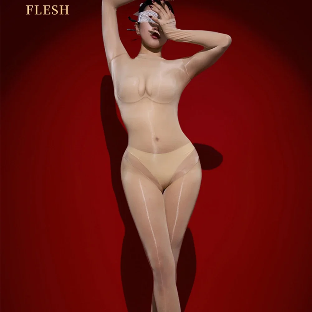 Sexy Women Oil Shiny Full Bodysuit Body Stockings Sheer See Through Tight Leotard Female Elastic Breathable Underwear