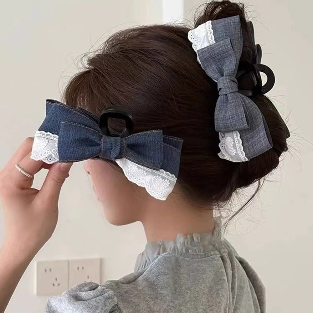 

Fashion Denim Bow Clip New High-end Splice Creative Hair Clip Large Shark Clip Women's Daily Hair Accessory Gift