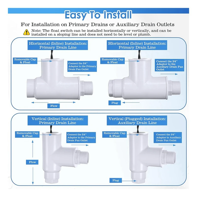 SS1 Condensate Overflow Switch, SS1 Float Switch T Shape With 3/4 Inch Adaptor & 6FT Wire, For Rectorseal 97632