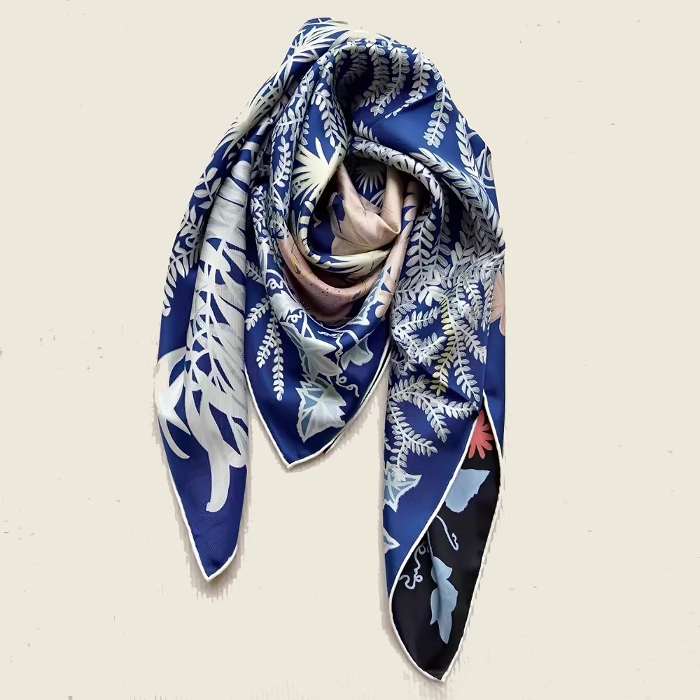 BYSIFA|Navy Blue Women Silk Scarf Hijab Fall Winter Fashion Accessory Floral Design Large Square Scarves Summer Beach Cover-Ups