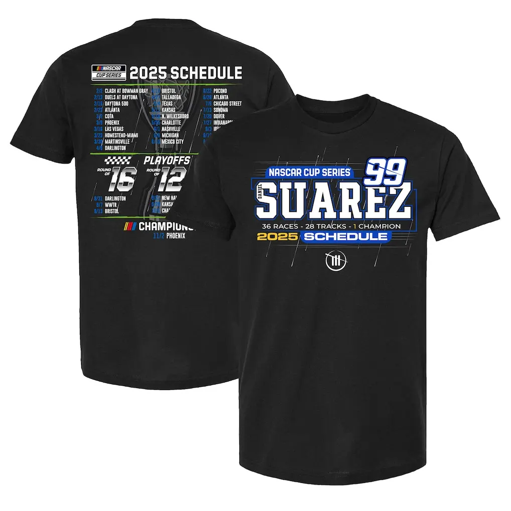 

Checkered Flag Sports Daniel Suarez Black Cotton T-Shirt 2025 NASCAR Cup Series Schedule 99 Car Unisex Short Sleeve Tees for Fan