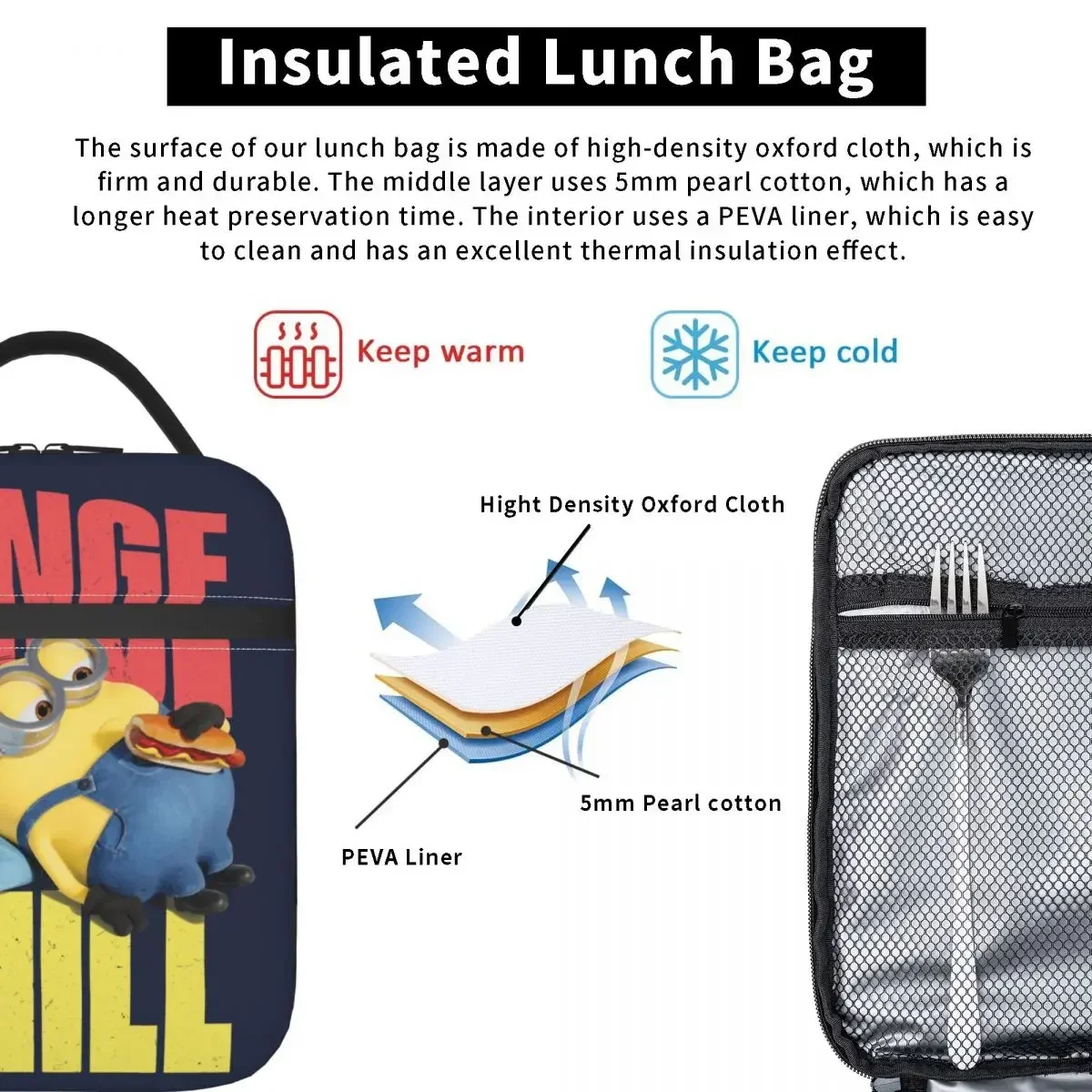 Minions The Rise Of Gru Insulated Lunch Bag Large Dave Binge & Chill Meal Container Cooler Bag Tote Lunch Box Beach Girl Boy