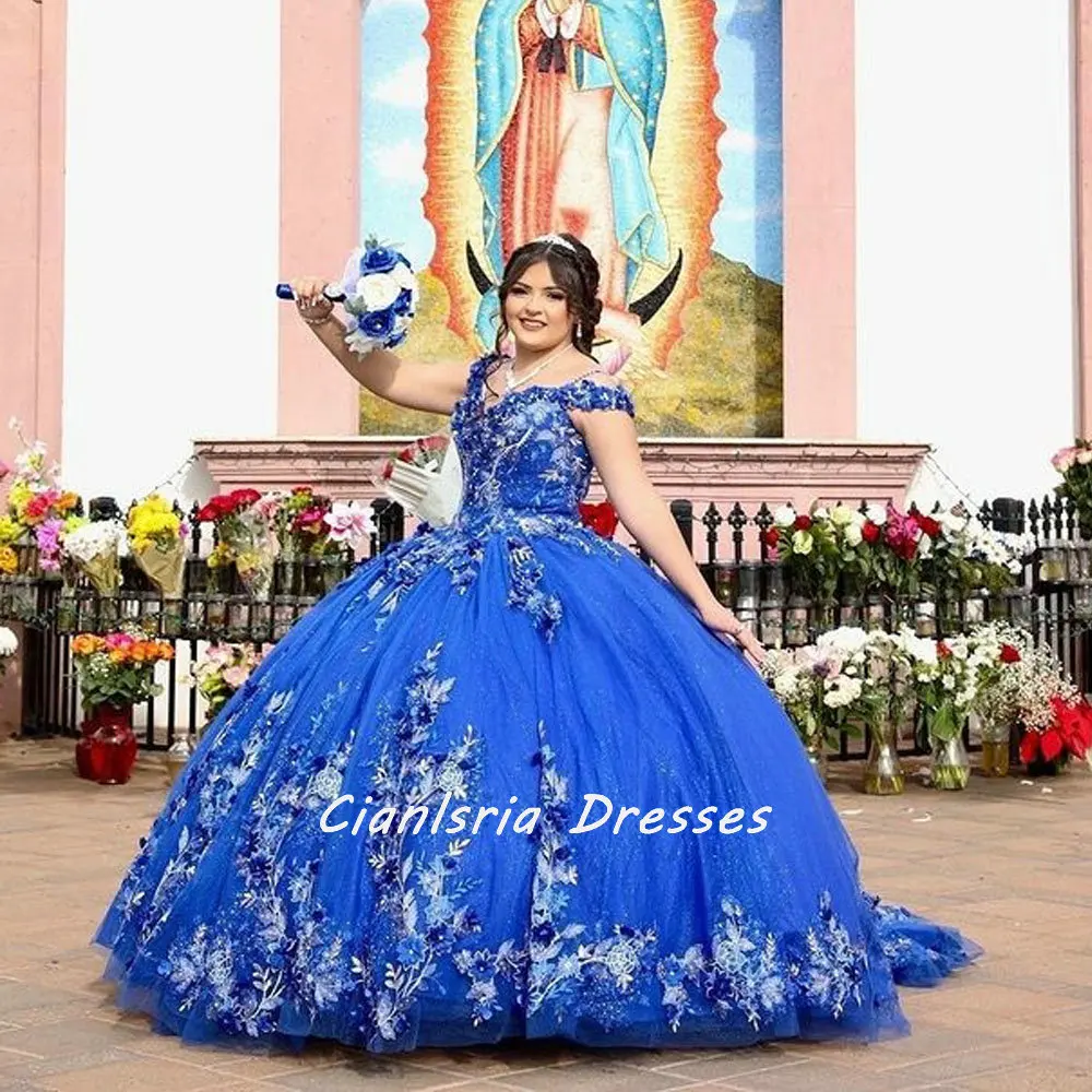 Azul real 3d flores cristal mexicano quinceanera vestido de baile fora do ombro apliques rendas espartilho vestido xv anos