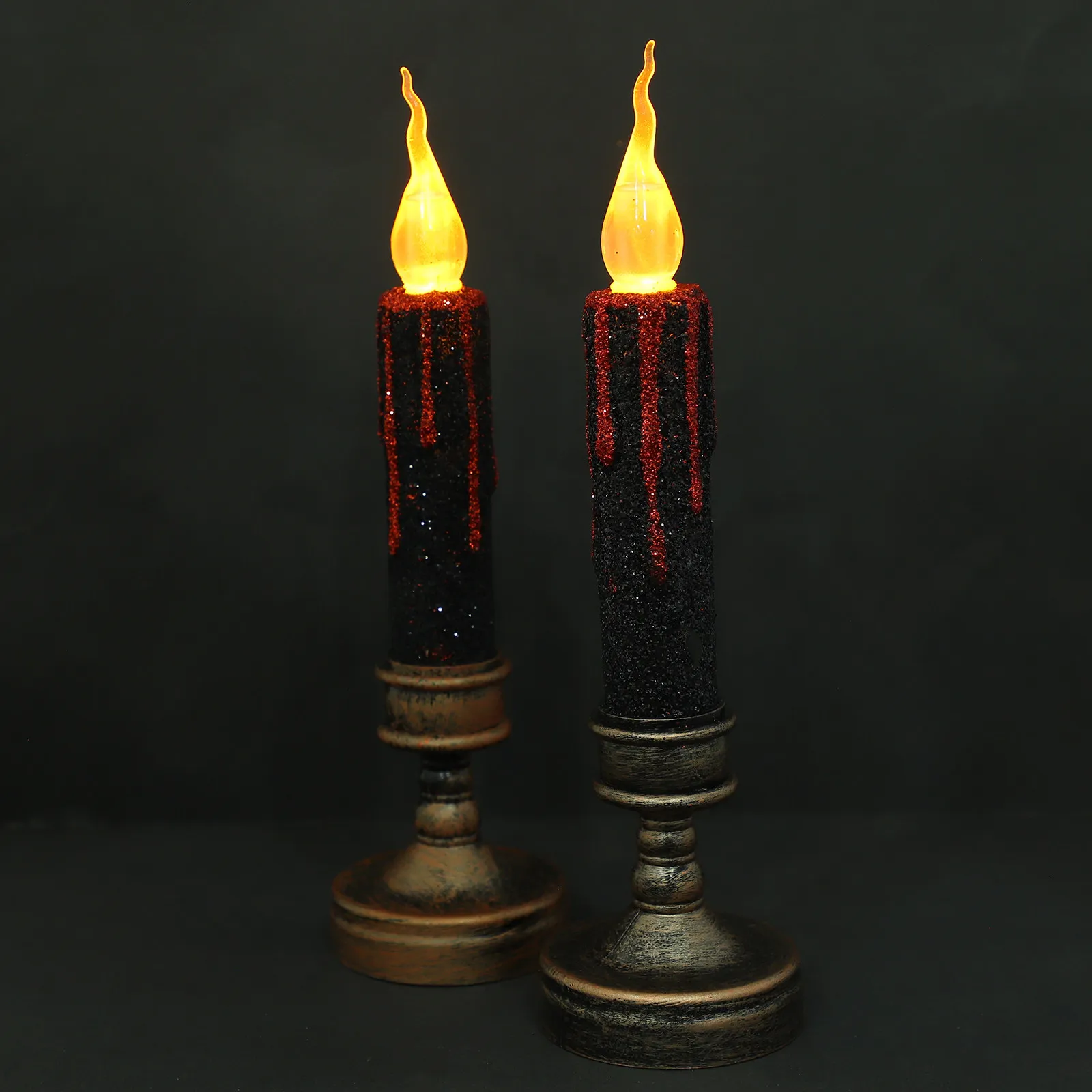 2Pcs Yellow Flickering LED Flameless Wax Candles Realistic Drip Shape for Halloween Festival Home Decoration Safe for Pets