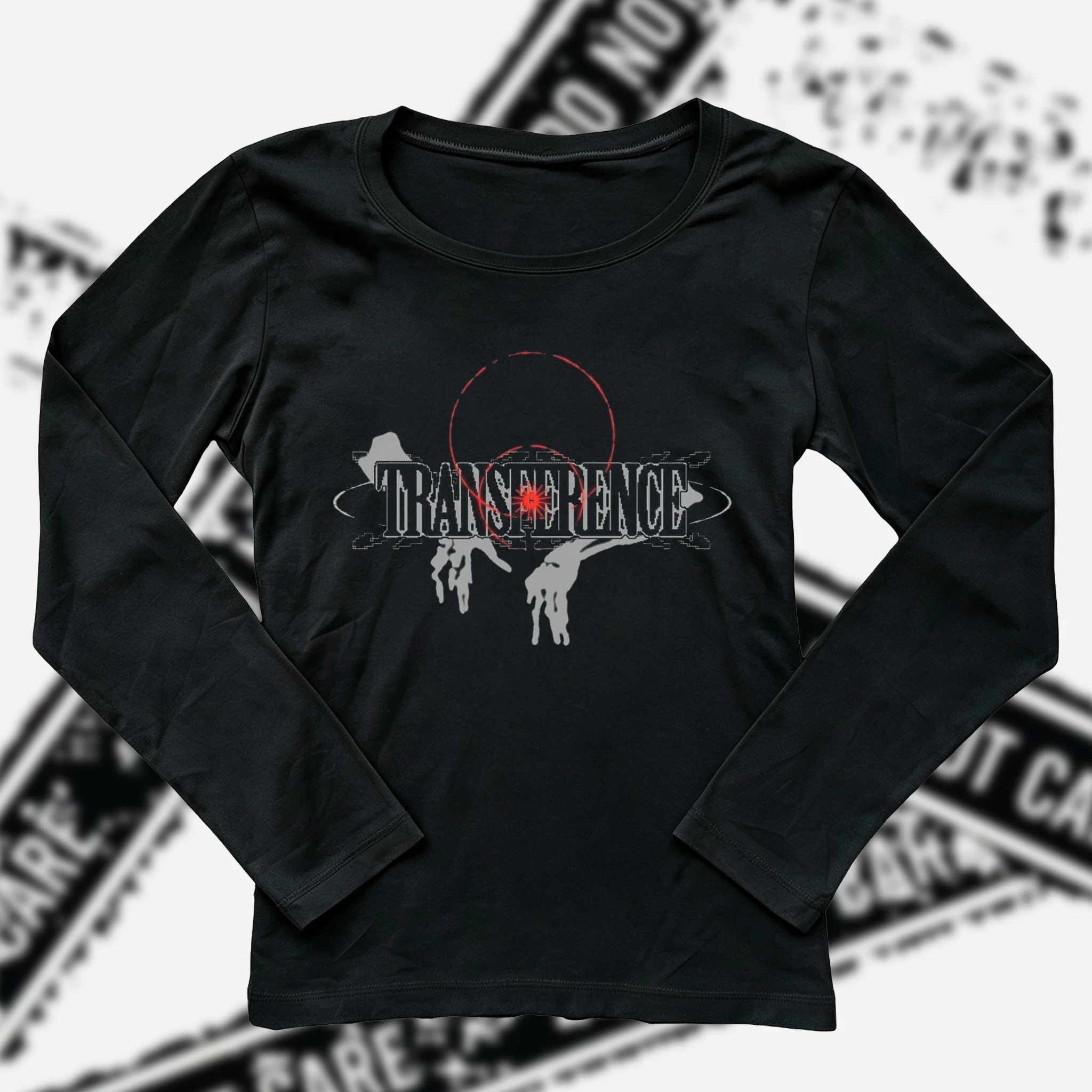 Women Transference Glitch Letter Graphic Long Sleeve T‑Shirt Ghost Hand Dark Punk Print O‑Neck Slim Fit Ladies Tops Black White