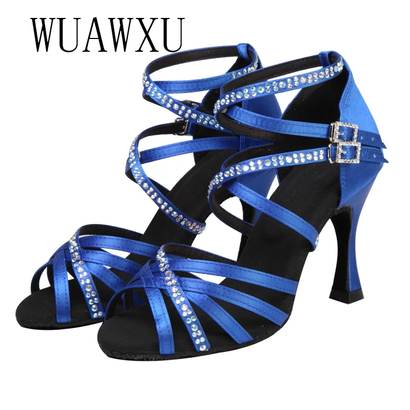 New Latin Dance Shoes Inlaid with Diamond Satin Blue 9cm High Heel Female Adult Soft Sole Social Dance Cha Rumba De