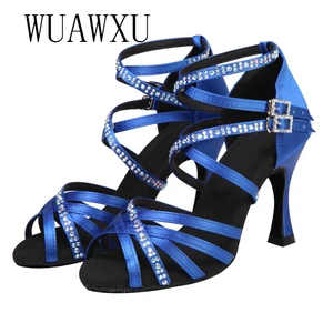 Weiche lateinische Tanzschuhe für Frauen, eingebettet mit Diamant, Satinblau, High Heels, Erwachsener, neu, sozial, Cha Rumba, 9 cm 12 Hauptverkäufe Rafarillo Social Schuh - №11