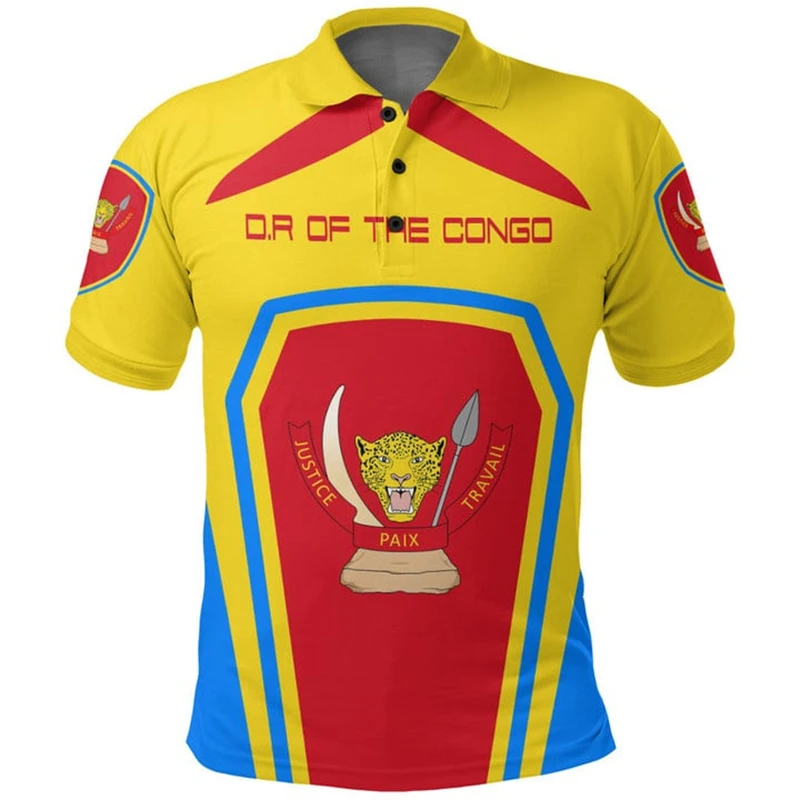 Democratic Republic Of The Congo Flag Map 3D Printed Polo Shirts For Men Short Sleeves Lapel Tee Shirts Male Button T-shirt