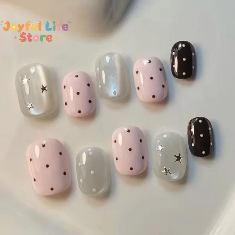 Lot de 10 faux ongles roses à pois, effet œil de chat, forme ovale courte, colorés, petits et frais, à presser, pour décoration d'ongles