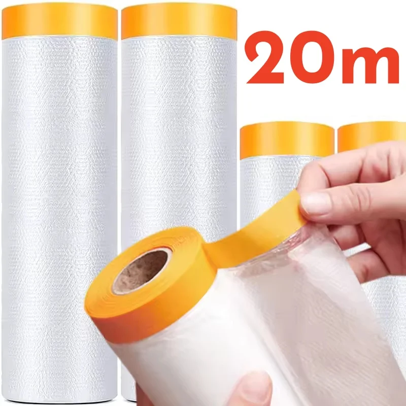1 Rolls 4x20m Tape and Drape,  Pre-Taped Masking Film, Adhesive Plastic Painting Drop Film, Multi Use Paint Masking Paper
