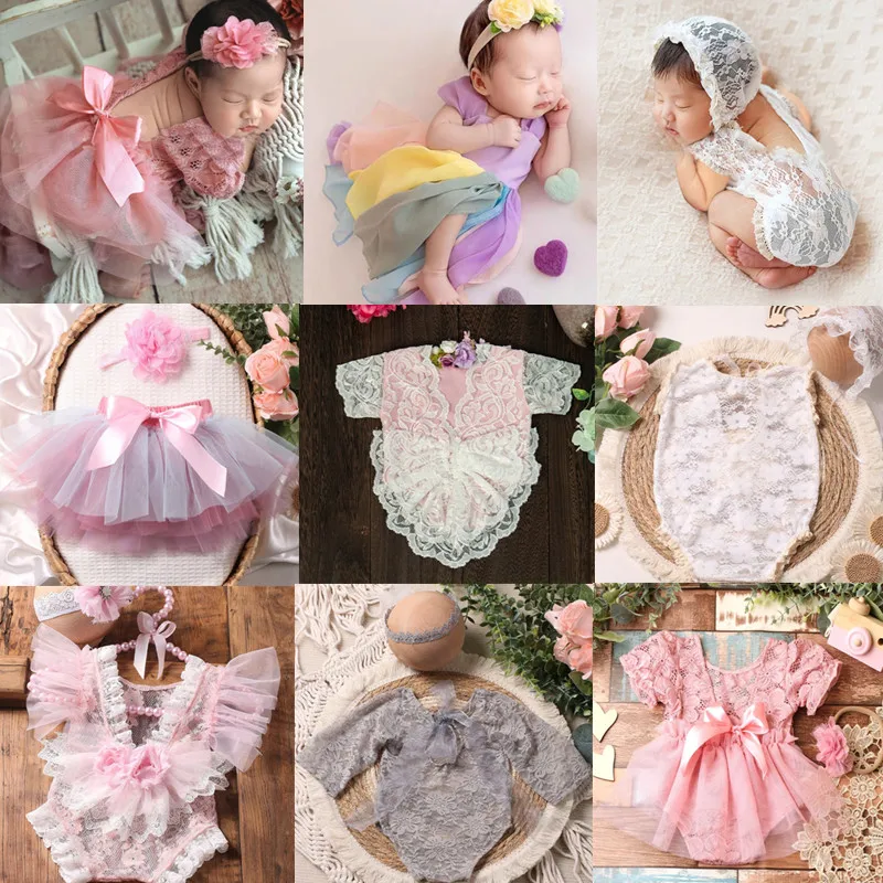 Baby Girls Princess Lace Tutu Skirt+Flower Headband Set Newborn Photography Props Romper Photo Shooting Costume Accessories