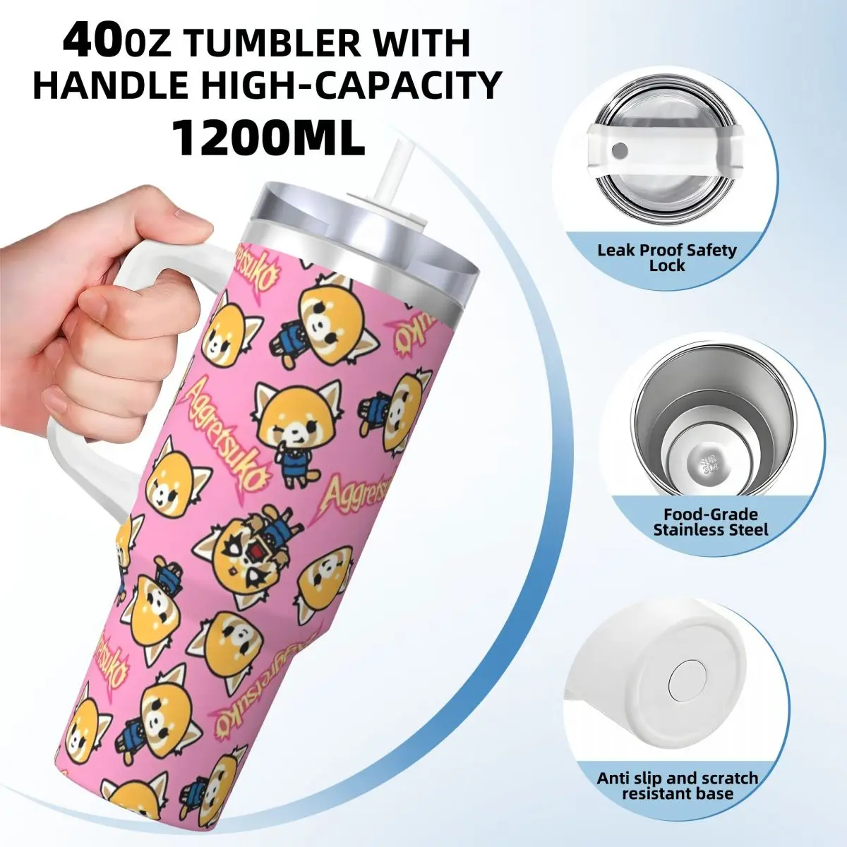 Sanrio Aggretsuko Tumbler Cold Drink Water Bottle Insulated Stainless Steel Thermal Mug Graphic Travelist Mugs Cup