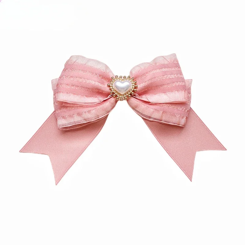 Spille con fiocco in tessuto coreano per le donne spille con colletto di perle di cristallo solido di pizzo rosa accessori per Badge di gioielli di