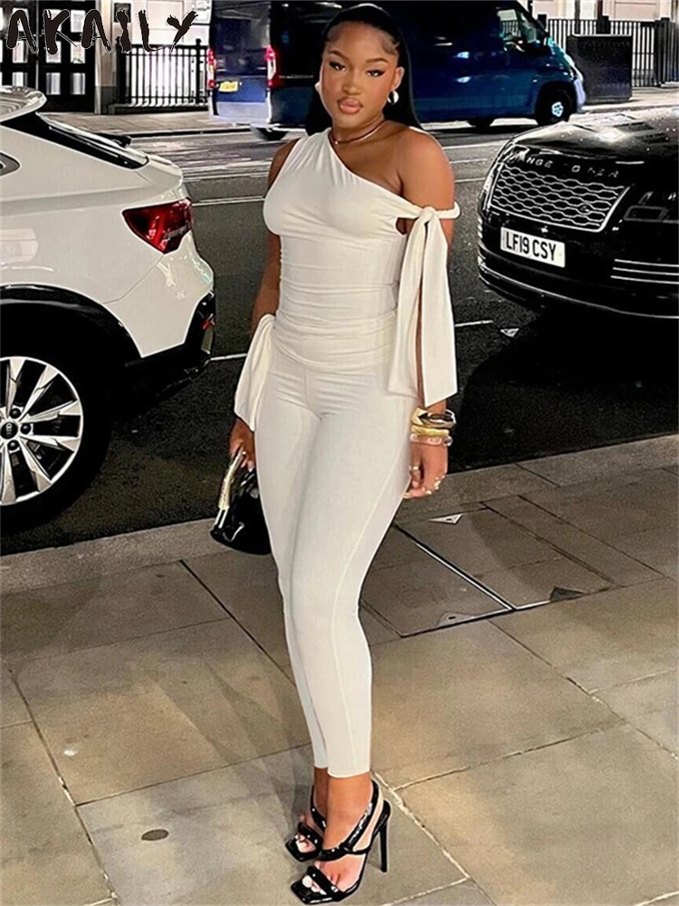 Akaily Autumn Elegant Bandage Women 2 Piece Set Party Club Outfits 2024 Skew Collar Sleeveless Crop Tops+Leggings Matching Set