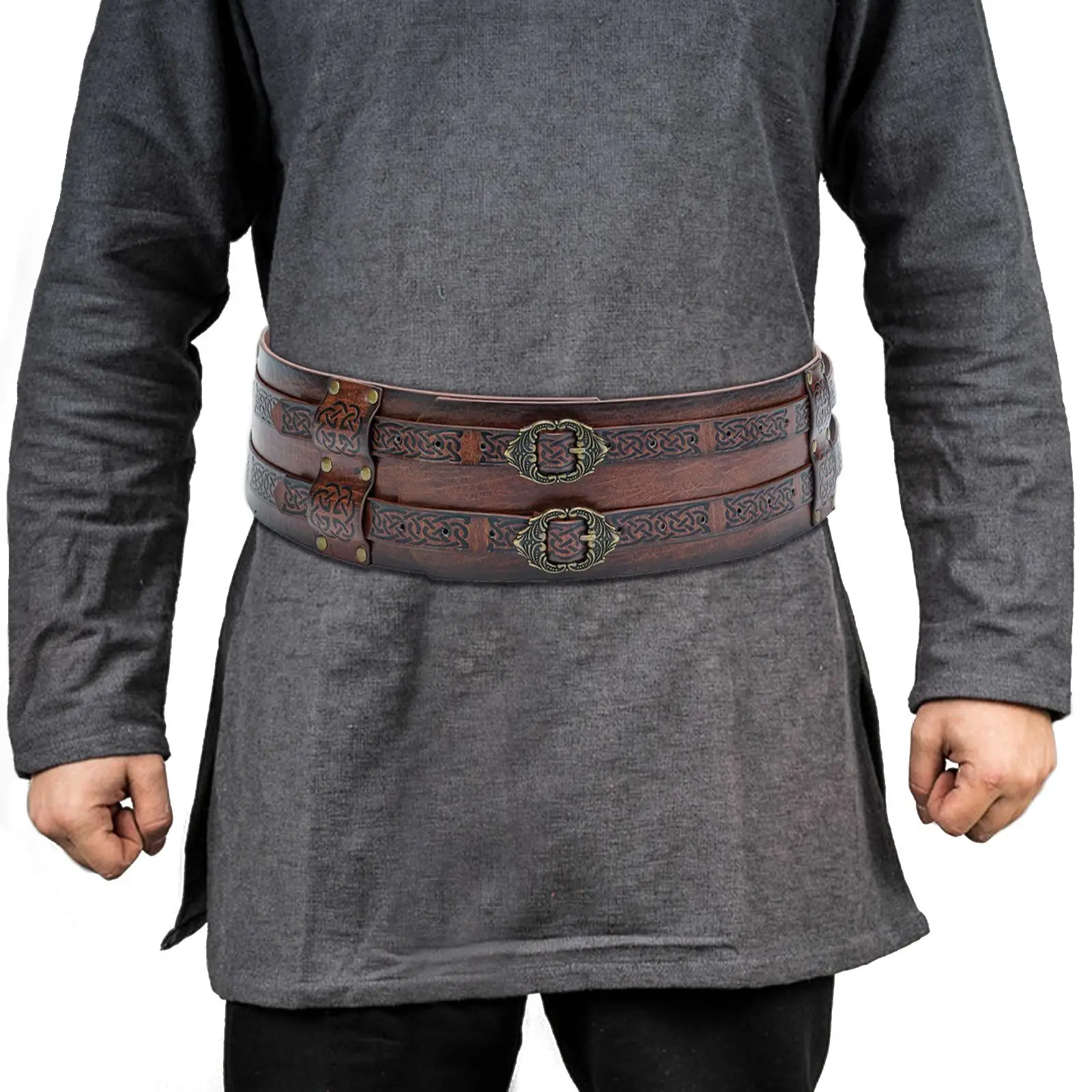 Medieval Belt Embossed Cosplay Parties Retro Viking Wide Belt Dark Brown