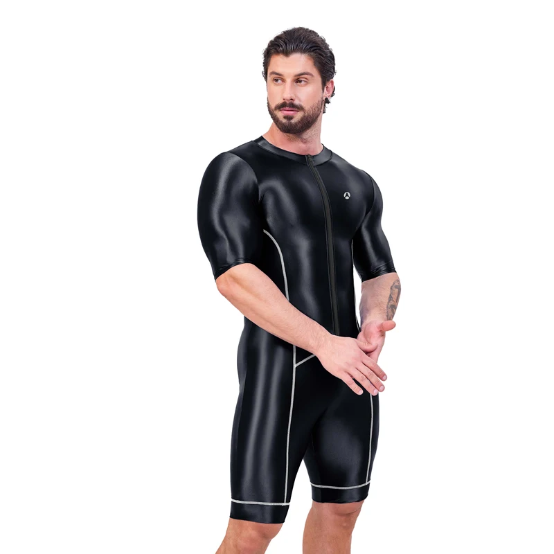 satin Glossy Men\'s Sexy Long sleeved Colored Body Suit Yoga Sports Fitness wear Multi functional Tights Cycling jumpsuit
