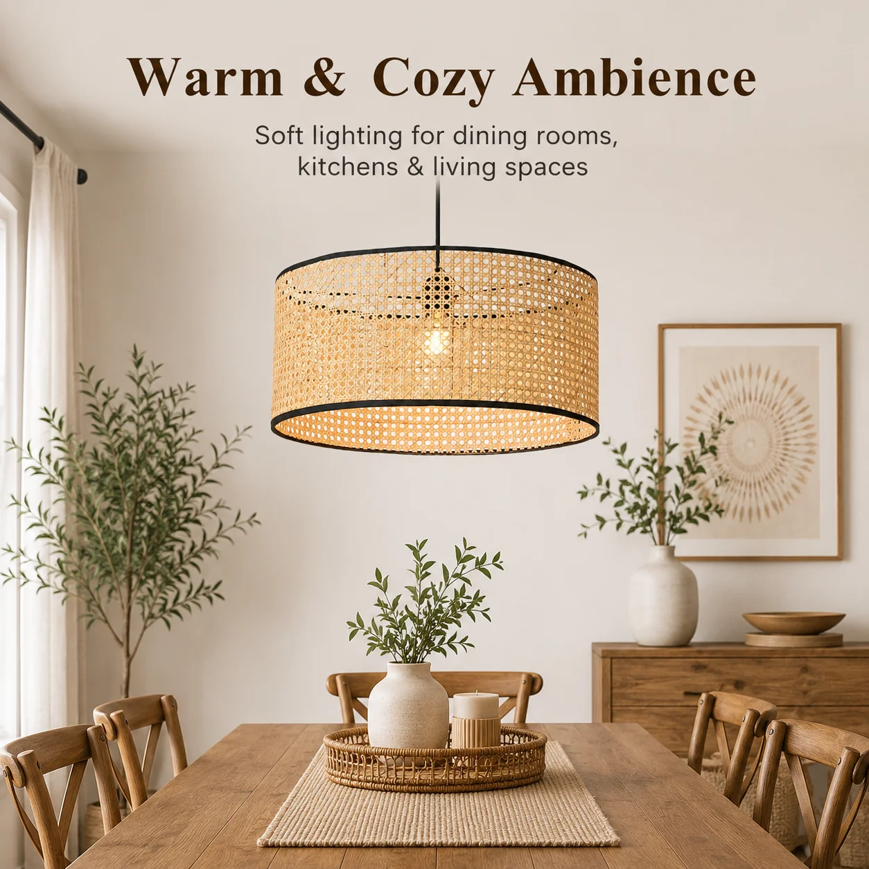 JOYINLED 40cm Japanese Modern Minimalist Chandelier Bamboo Woven Rattan Art Restaurant Homestay Retro Eastern Style Pendant Lamp