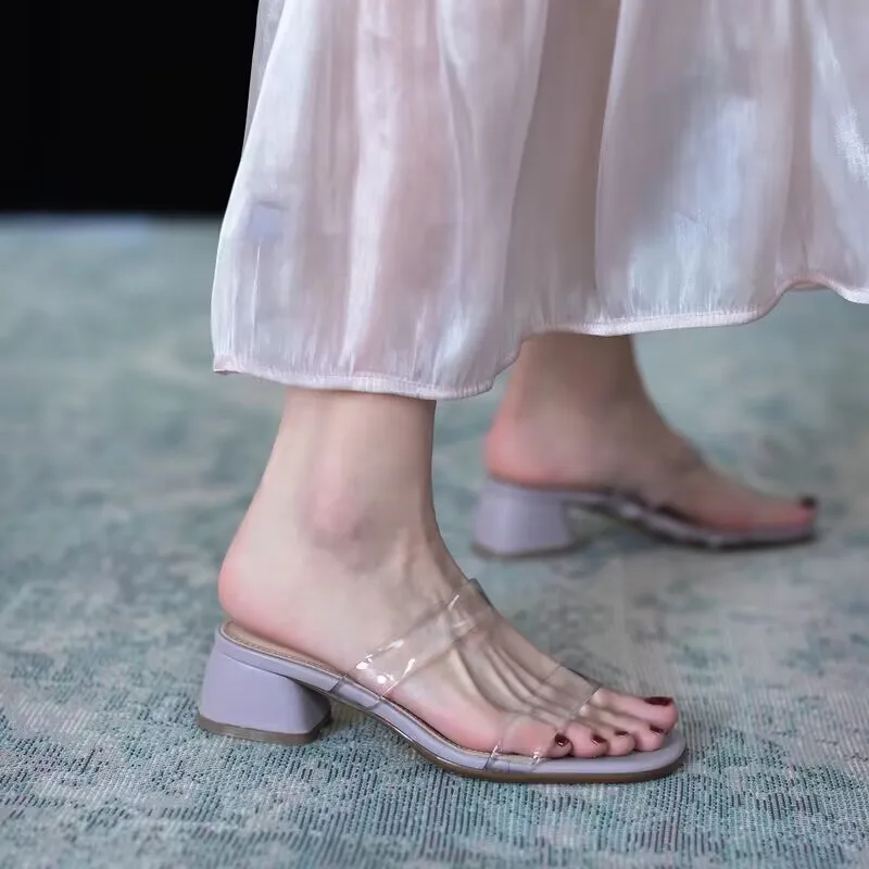 Peep Toe Damen 2025, Sommer, neuester Stil, modisch, dicker Absatz, Damen-Hausschuhe, transparent, mittlerer Absatz, weibliche Sandalen