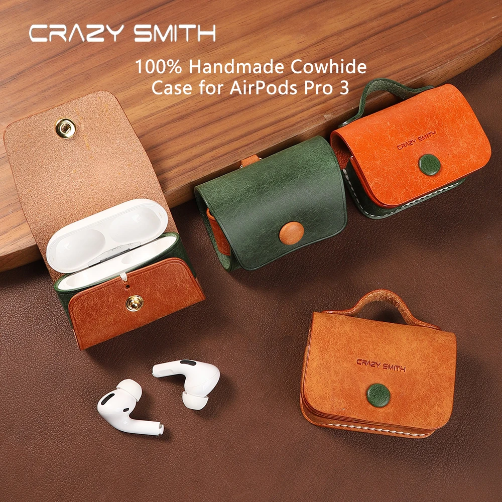 

CRAZYSMITH чехол для наушников ручной работы из 100% натуральной яловой кожи для for AirPods Pro 3, чехол, полнозернистый двухслойный чехол для наушников, подарок