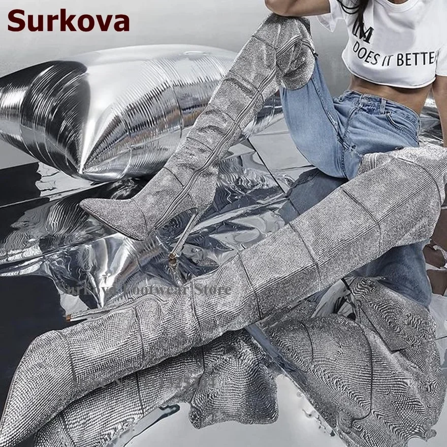 Surkova Women Silver Bling Bling Crystal Over The Knee Boots Thin High Heel Pointy Toe Glitter Rhinestone Thigh Boots Real Photo