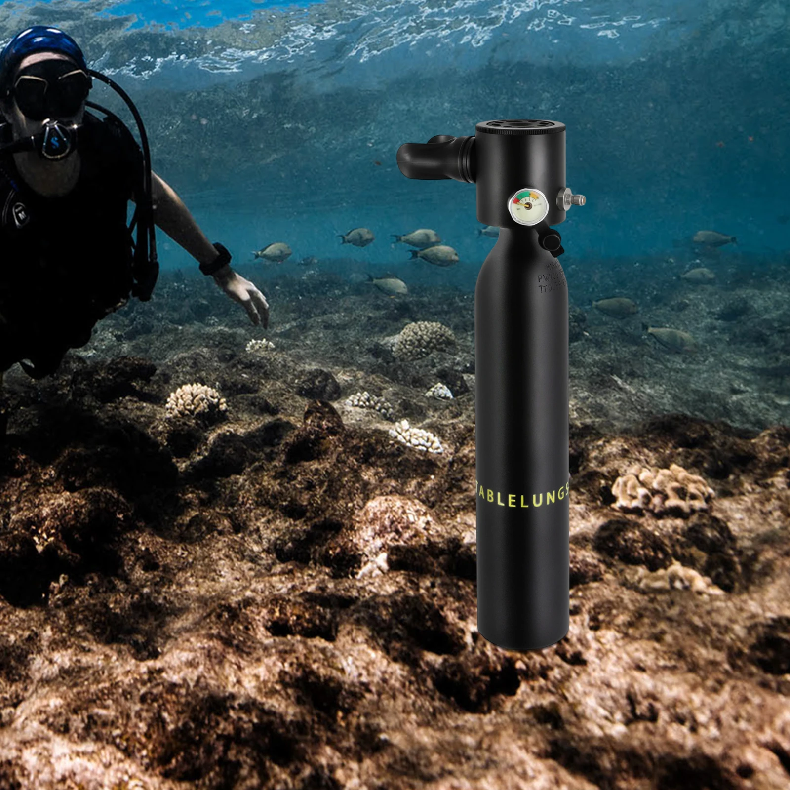 Portable 0.5L Diving Bottle with Gauge, Lightweight 2.2lbs, 5-10 Min Underwater, for Snorkeling Fishing Holiday, Backup Gas Cylinder for Divers (3000PSI/Black)