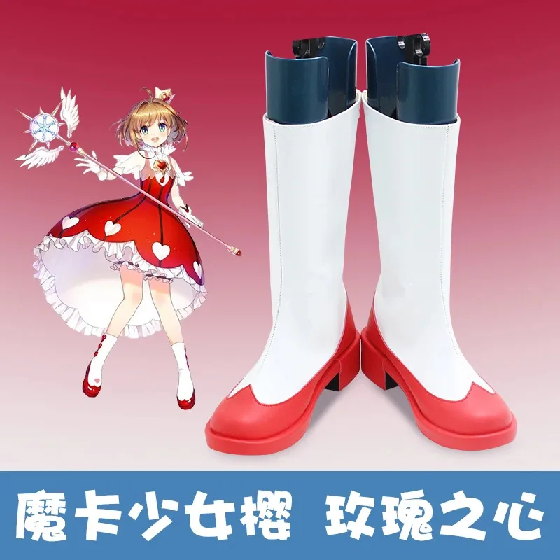 

Cardcaptor Sakura Clear Card Kinomoto Sakura Обувь для косплея Сапоги Аниме Розовое сердце Сапоги для косплея на Хэллоуин