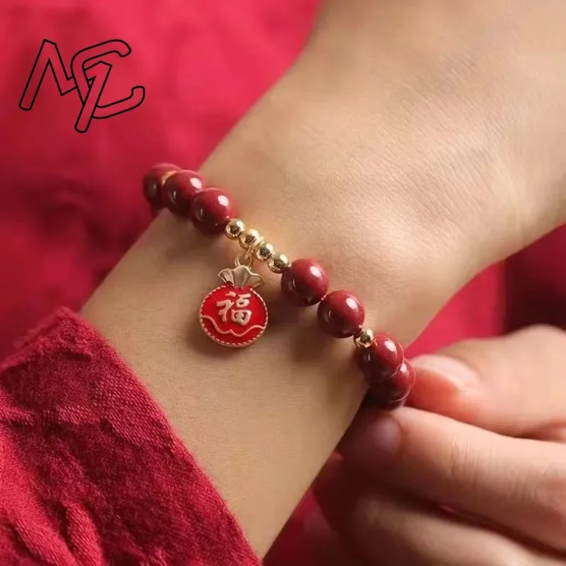 Customized Natural Red Cinnabar 6-8mm Beads Lucky Bag Bracelet Jade Round Hand Weaving Jewellery Fashion Man Woman Luck Amulet