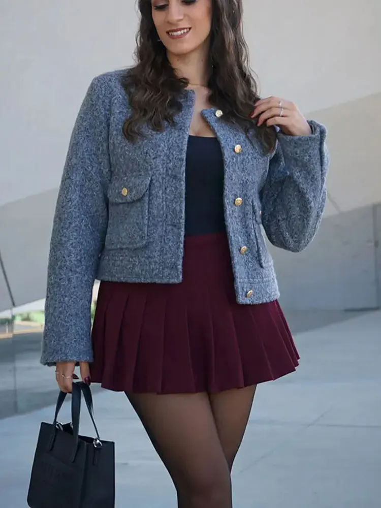 

Осеннее женское уличное короткое пальто с длинным рукавом, модная женская однобортная куртка с круглым вырезом и карманами, украшенная однотонной тонкой курткой Mujer