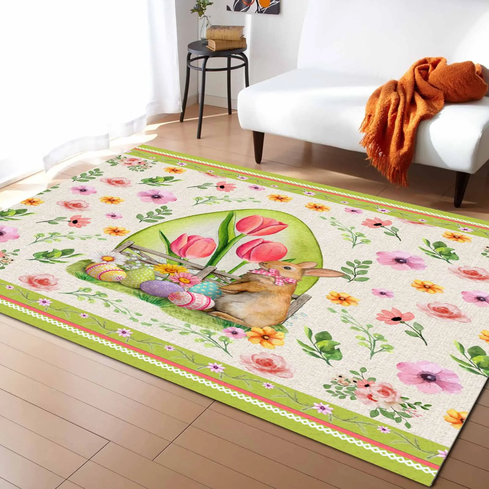 Vintage Rabbit Easter Flower Green Egg Living Room Floor Mat Children's Bedroom Bedside Carpet Kitchen Door