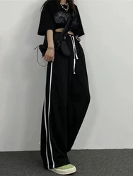 Zoki Streetwear Loose Striped Black Trousers Women High Waist Casual Sweatpants Korean Preppy Style Student Chic Wide Leg Pants
