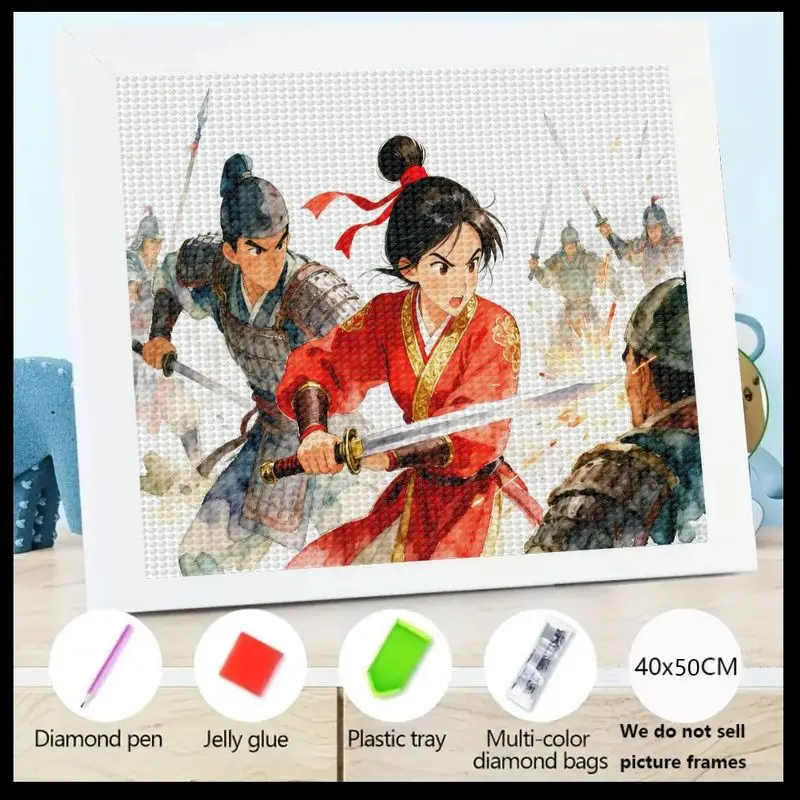 

1 шт. Мулан Стиль Женский Воин Боевая сцена 5D Полный дрель Набор алмазной живописи, DIY Кристалл Драгоценный камень Художественное ремесло для взрослых и детей, Лар