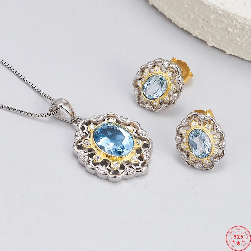 

S925 Стерлингового Серебра Подвески Комплект Ювелирных Изделий для Женщин Контрастный Цвет Цветок Топаз Серьги-гвоздики Подвеска Модные Ювелирные Изделия Оптом