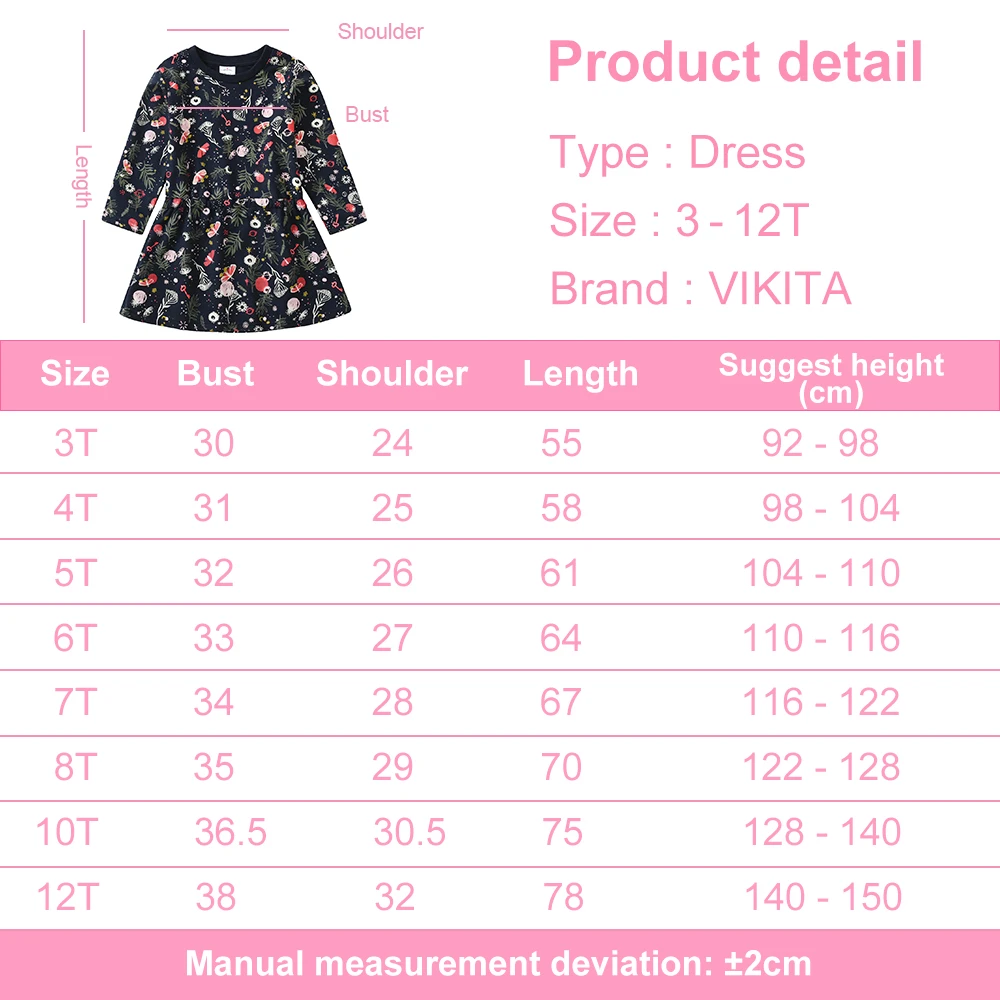 VIKITA Kids Floral Print Dress Girls Long Sleeve Autumn Spring A Line Dresses Girl Cotton Casual School Daily Dress Kids Clothes