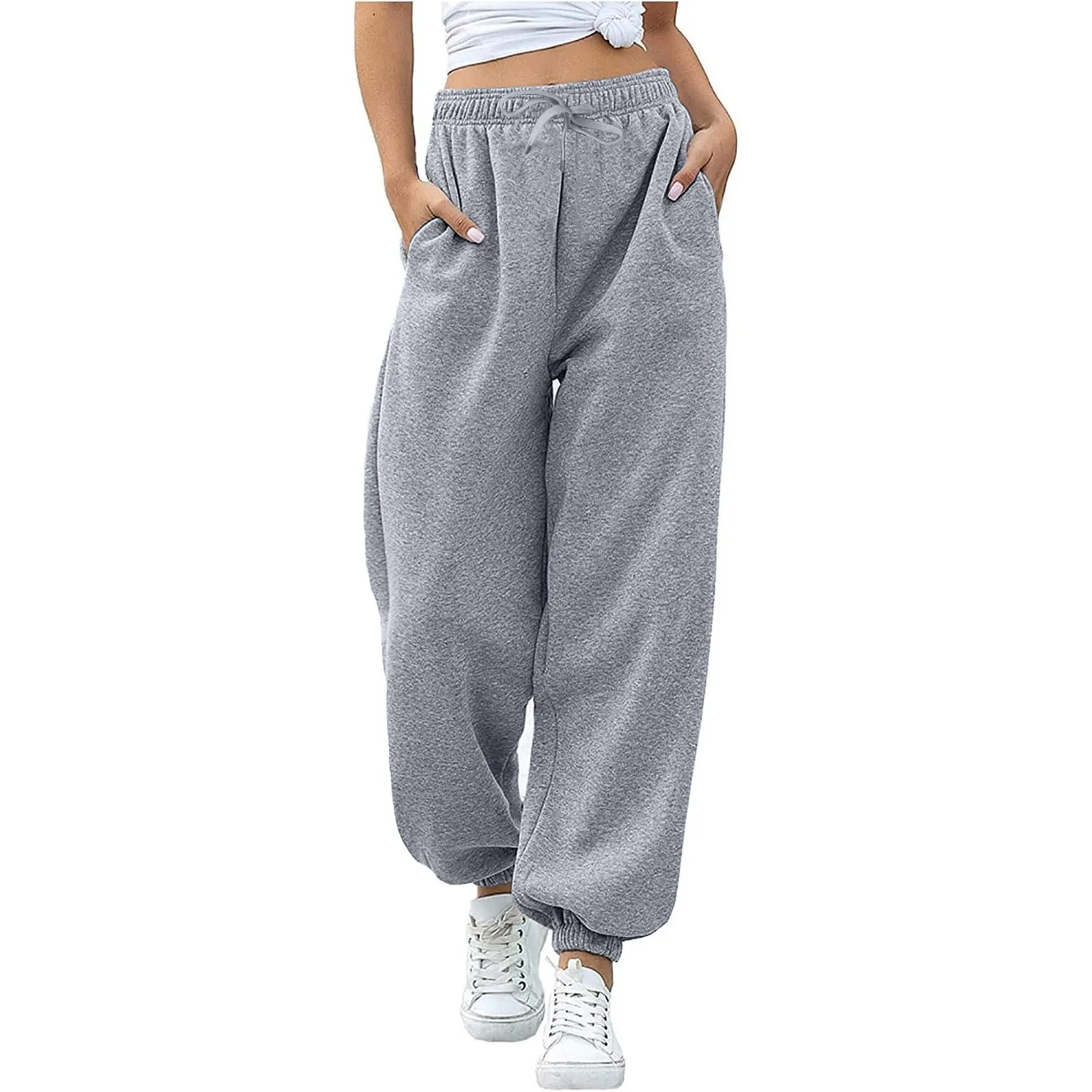 Women's Fashion Warm Sweatpants Thick Velvet Pockets Pants Casual Workout Athletic Joggers Drawstring Elastic Waist Trousers