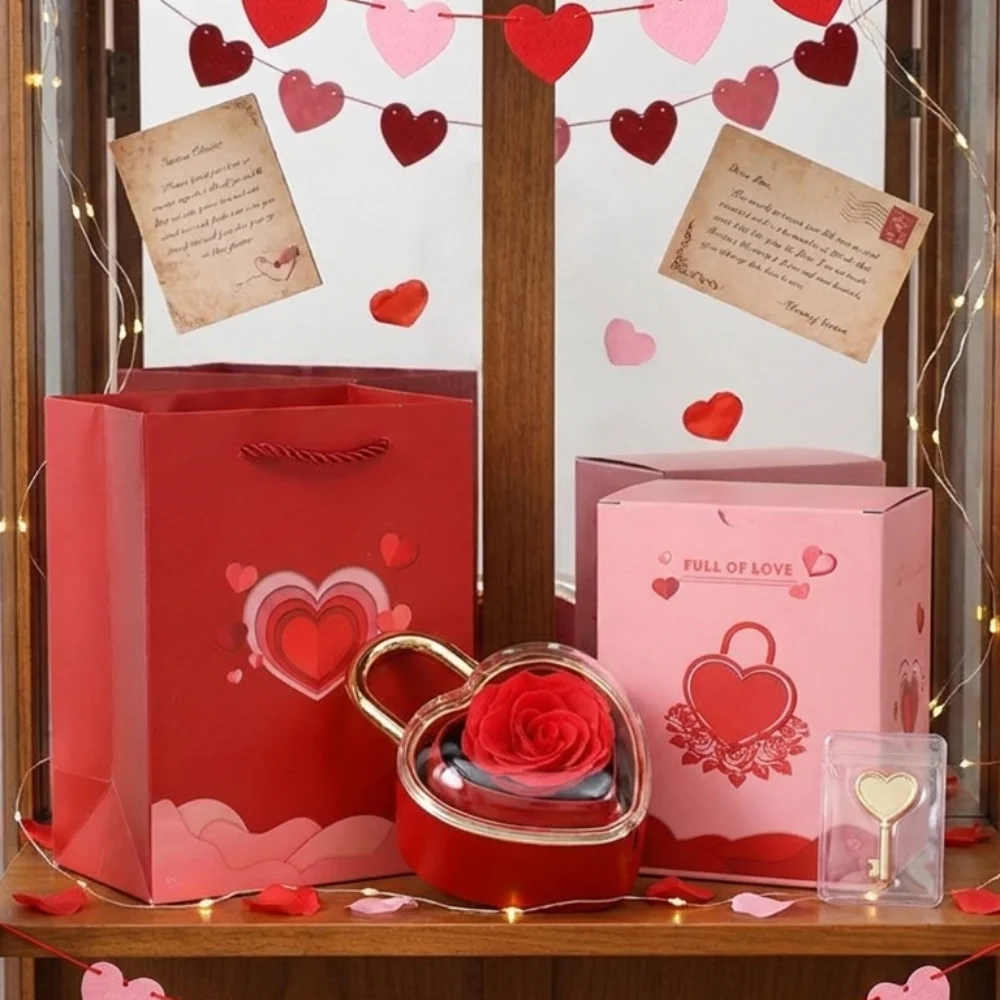 

Rotation Heart-Shaped Padlock Jewelry Box Luxury Soap Rose Flower Creative Valentine's Day Gift Box Dustproof Finger Ring Box
