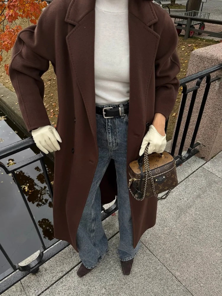 Cappotto lungo di lana lungo con risvolto solido casual Cappotto monopetto a maniche lunghe con scollo a V Cappotto caldo da donna allentato 2025 Cappotto da strada invernale