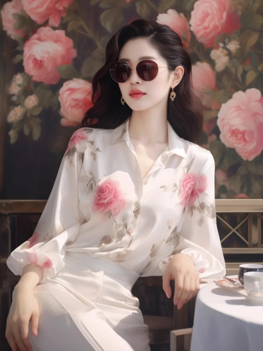 

Ele White Floral Long Sve irt Women's Luxury Brand High End Top Korean Sle Loose Fit Polyester Blend Autumn New Ar...