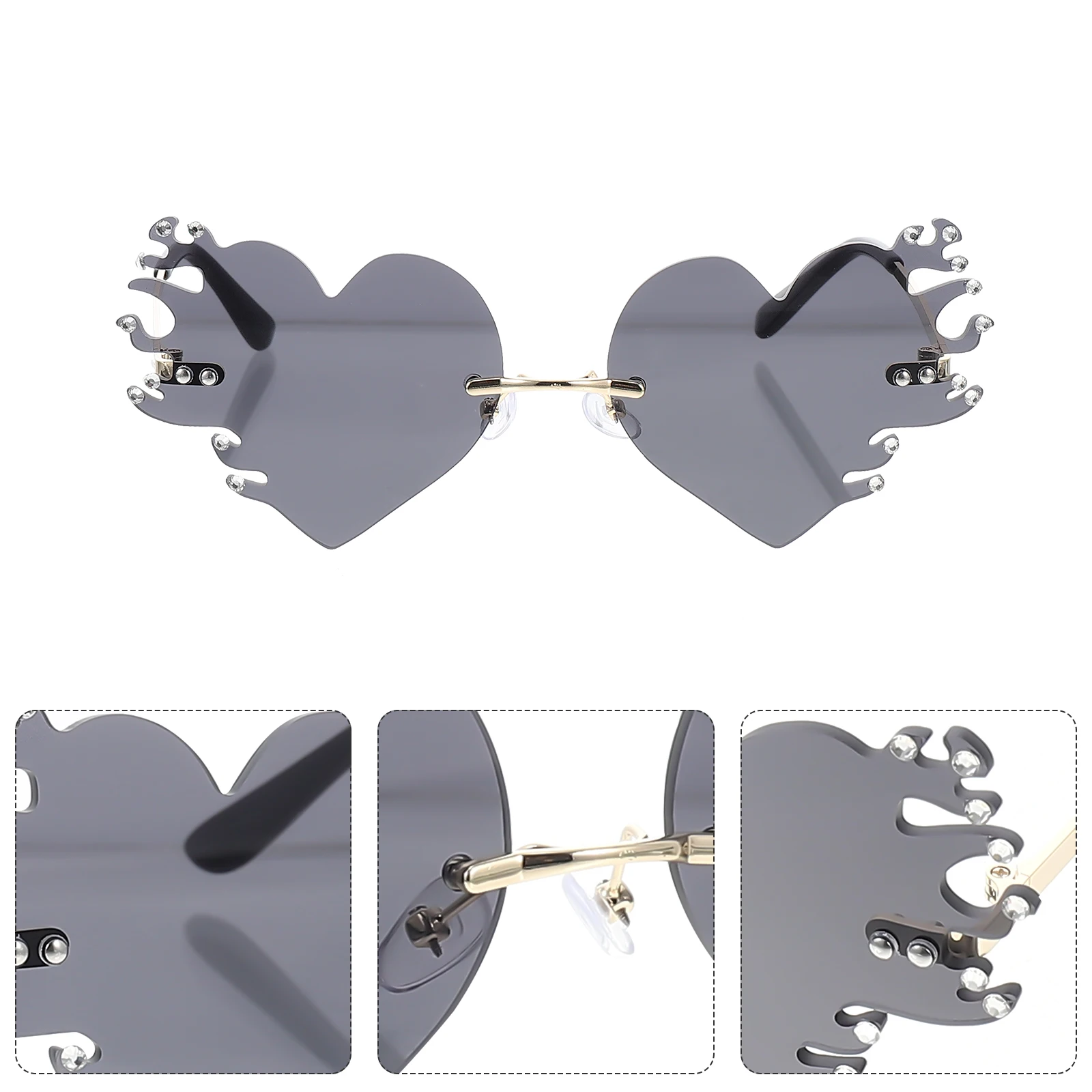 

PC Rimless Flame Sunglasses Fashionable Party Decorative Heart Shaped Glasses Sturdy Structure Creative Design Birthday Festival