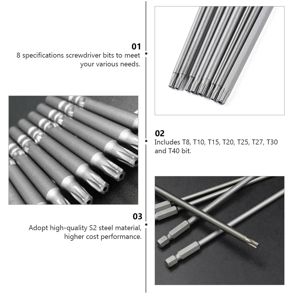 

8Pcs S2 Steel Screwdriver Bit Set 150Mm Hollow Shank T30 T40 Tamper Resistant Drill Bits