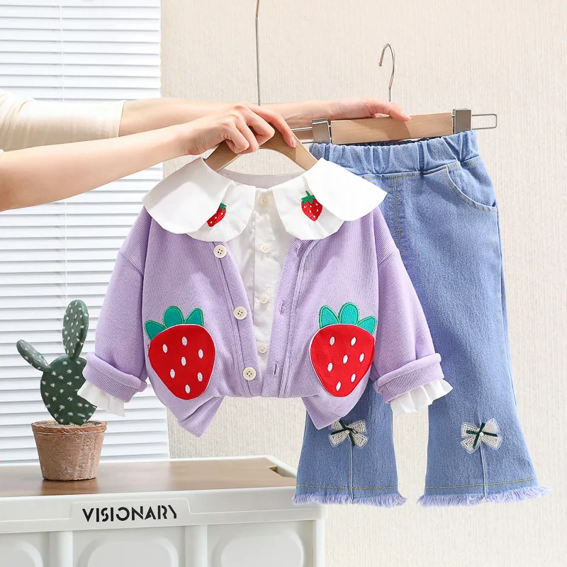 2023 autunno bambini set di abbigliamento neonate cappotti camicia nappa fiocco Jeans 3 pezzi bambini tute carino fragola vestiti infantili