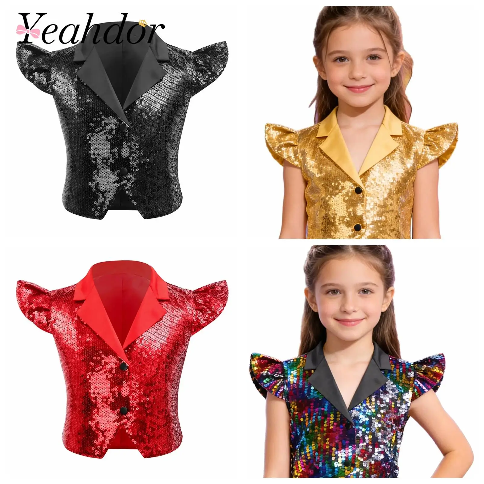 

Kids Girls Glittery Sequin Sleeveless Vest Party Waistcoat Childs 70s Disco Costume Notched Lapel Crop Vests Tank Top Streetwear