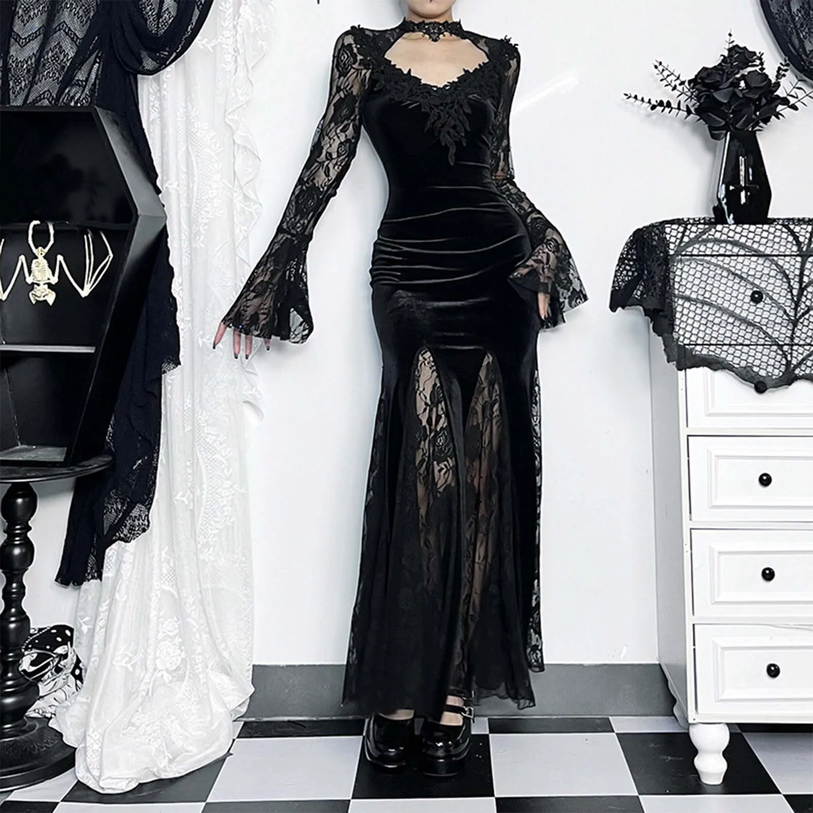 Robe d'Halloween Gothique à Manches sulfpour Femme, Taille Haute, Esthétique des Années 90, Sexy, Slim, ix, Club, Costume, Nouvelle Collection 2024