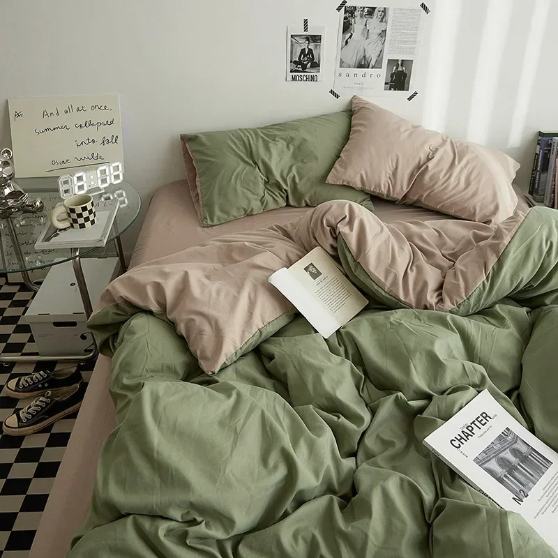 

Solid Color Cotton Duvet Cover Set 4PCS Double Washed Bedding for Student Dormitory Quilt Cover Bed Set Home Textiles