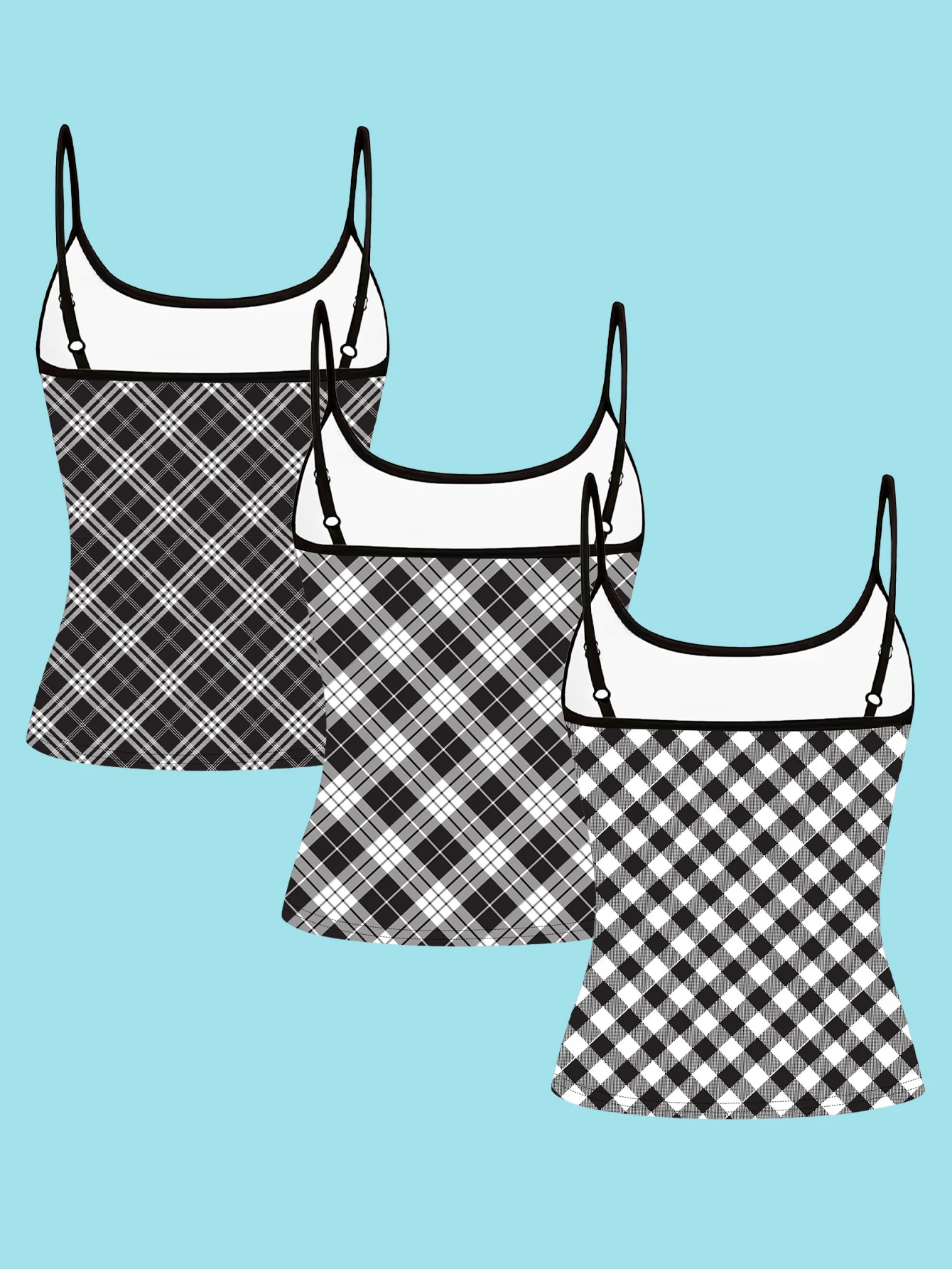 3-Pack Black and White Plaid Spaghetti Strap Tank Tops, Checkered Twill Slim Fit Sleeveless Tops, Basic Versatile College Style Inner and Outer Wear Base Shirts